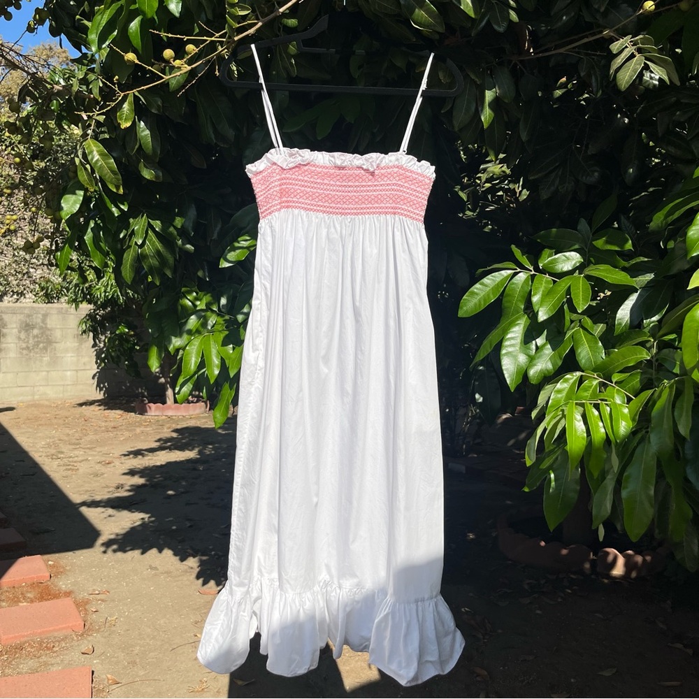 LISA MARIE FERNANDEZ white cotton smocked contrast stitch detail midi dress